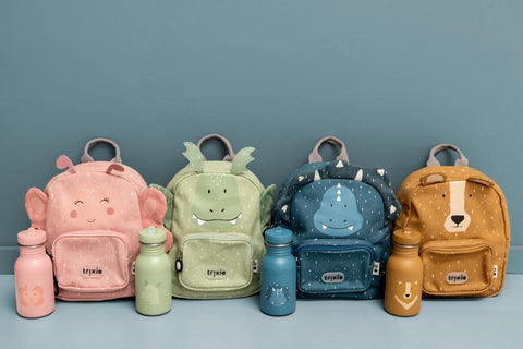 4. Four colorful backpacks with matching stainless steel bottles featuring animal designs against blue background