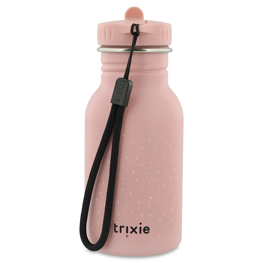 2. Pink stainless steel bottle with black loop and Trixie logo, showcasing butterfly design