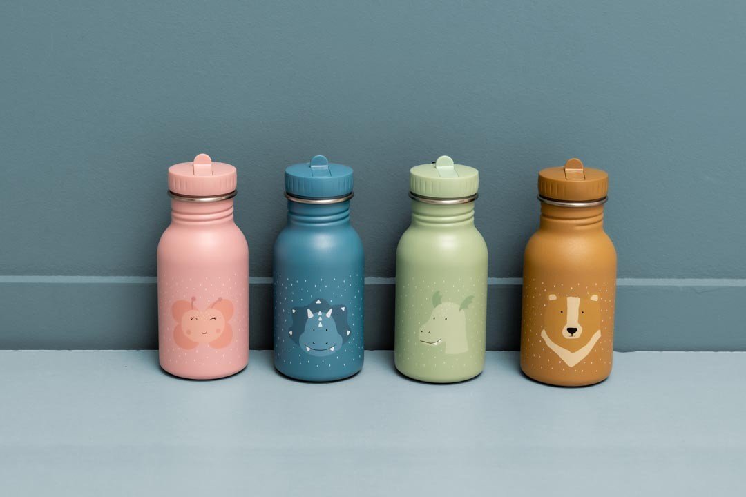 4. Four stainless steel bottles in pink, blue, green, and orange with animal designs