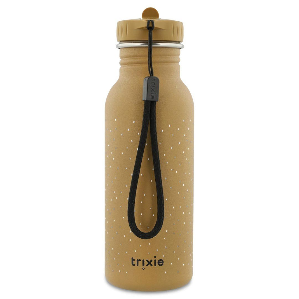 2. Back view of Trixie Baby Mr. Bear stainless steel bottle in brown with black carrying loop, studio shot