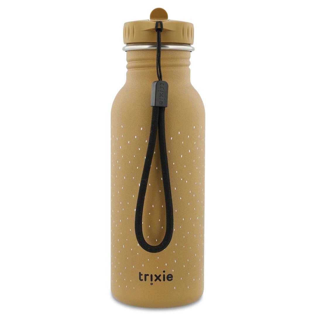2. Back view of Trixie Baby Mr. Bear stainless steel bottle in brown with black carrying loop, studio shot