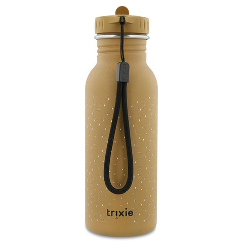 2. Back view of Trixie Baby Mr. Bear stainless steel bottle in brown with black carrying loop, studio shot