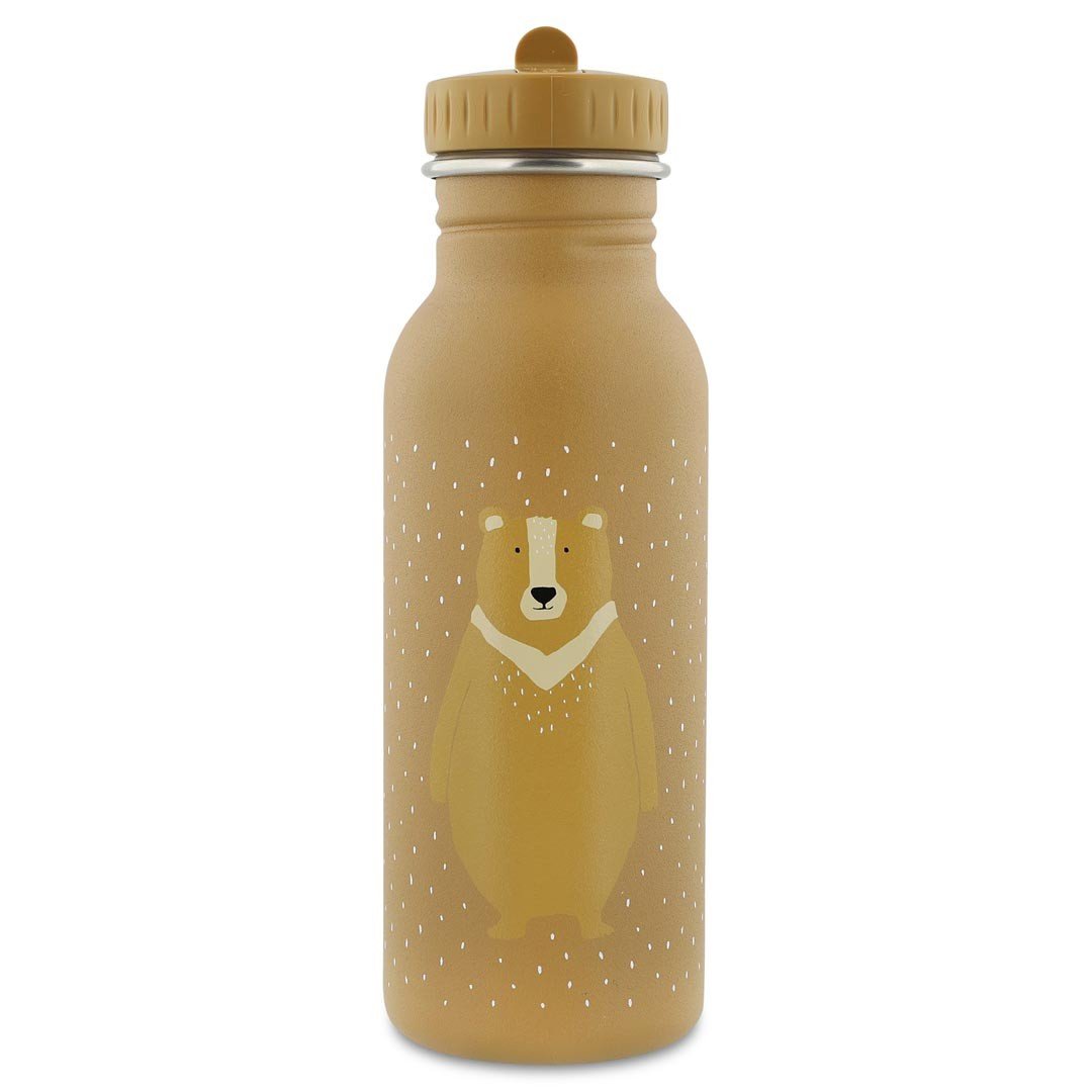 1. Trixie Baby Mr. Bear stainless steel bottle in brown with bear illustration on front, studio shot