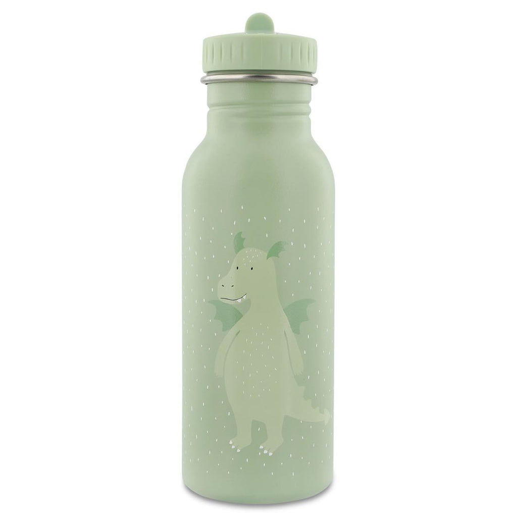1. Green stainless steel bottle with dragon illustration and dotted pattern, featuring a screw cap and handle, by Trixie Baby