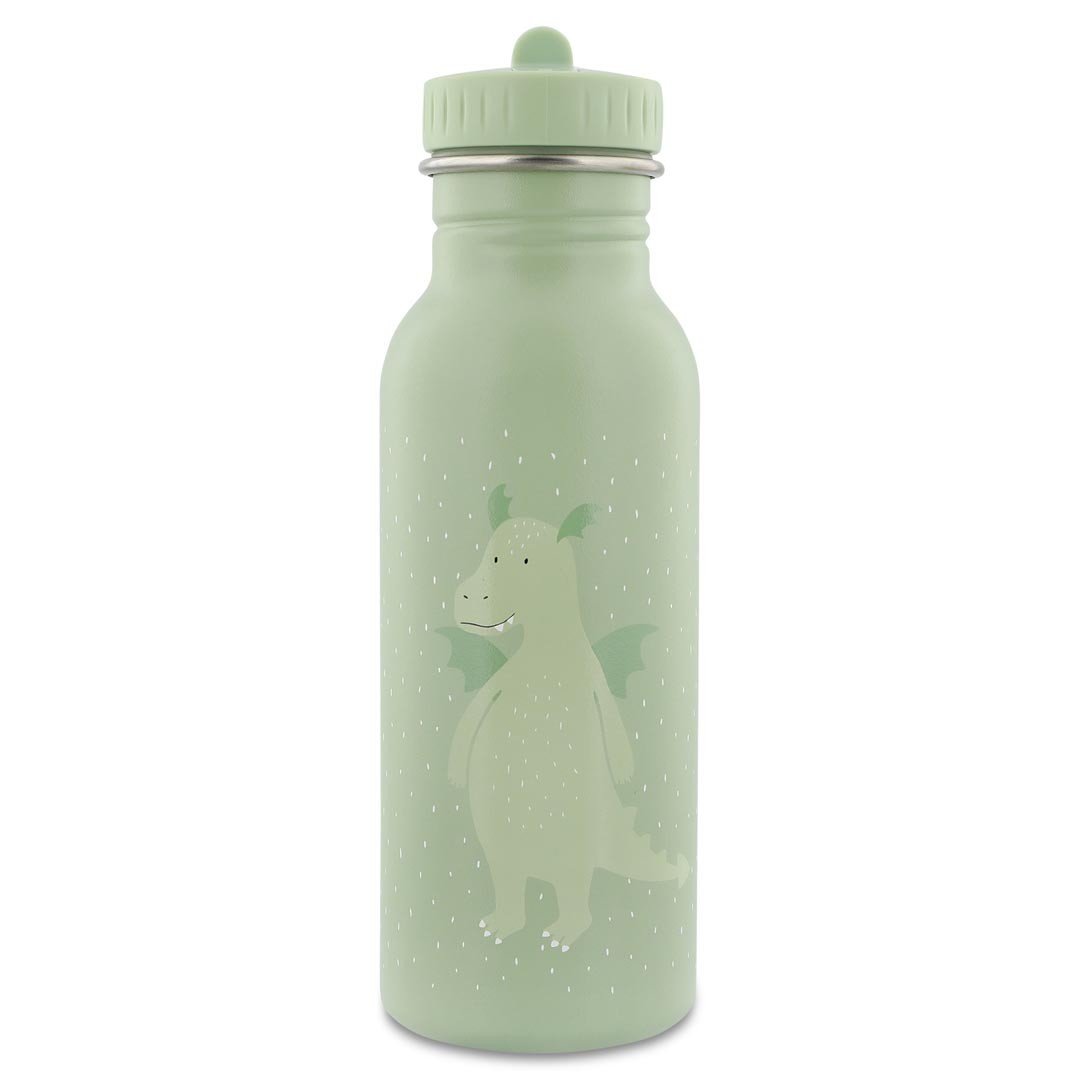 1. Green stainless steel bottle with dragon illustration and dotted pattern, featuring a screw cap and handle, by Trixie Baby