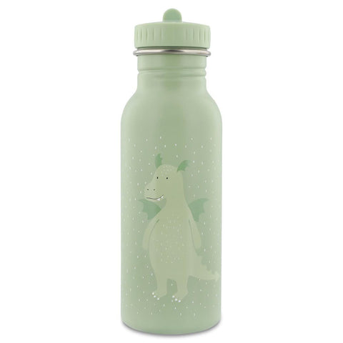 1. Green stainless steel bottle with dragon illustration and dotted pattern, featuring a screw cap and handle, by Trixie Baby