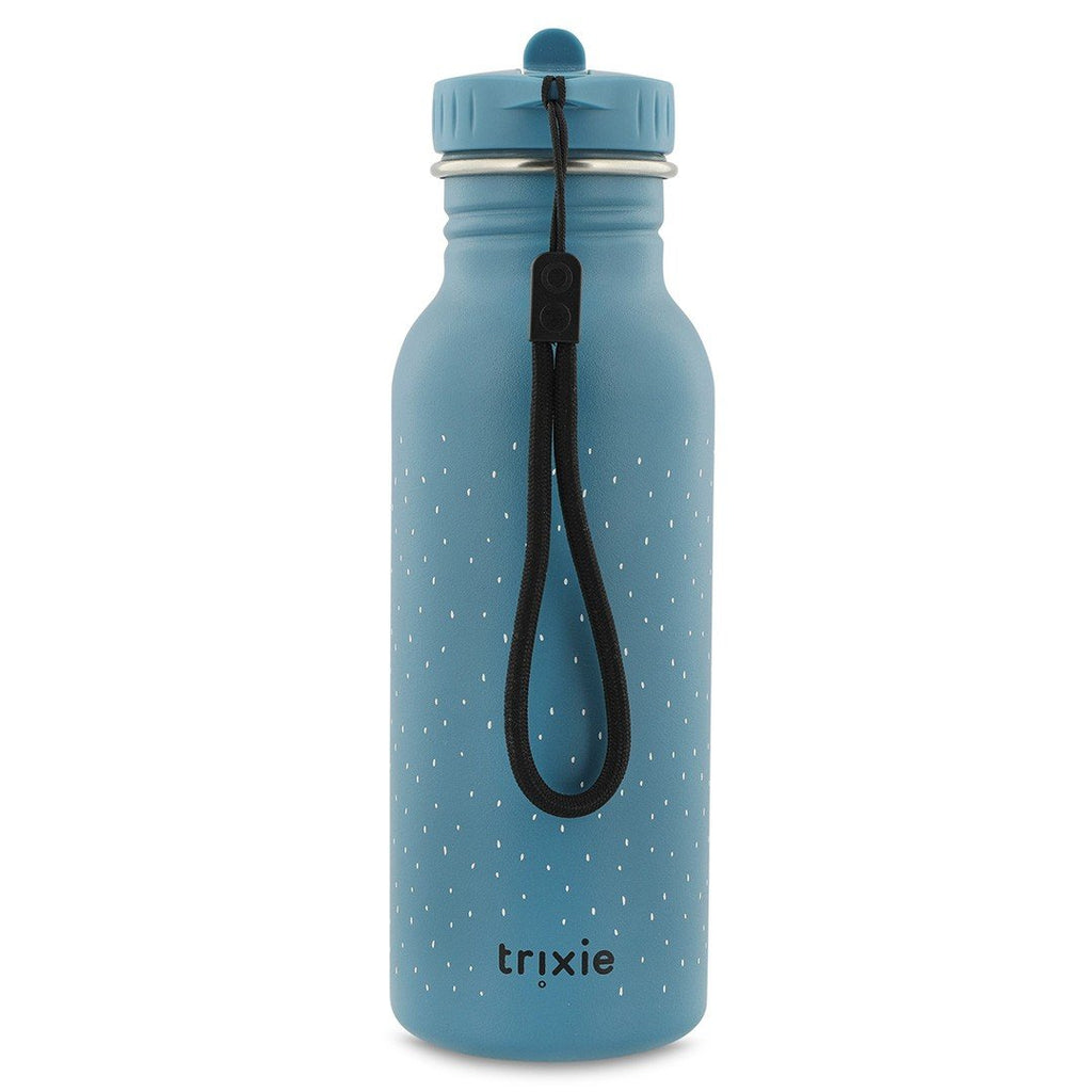 3. Blue stainless steel bottle with Trixie logo, black carrying loop attached to cap, shown from back on white background