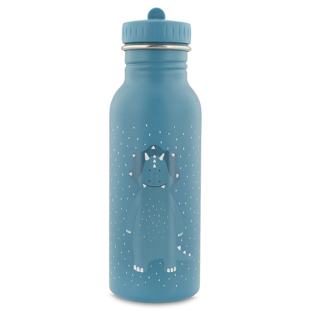 1. Blue stainless steel bottle with Mr. Triceratops design, featuring a dinosaur illustration and white speckles, on a white background