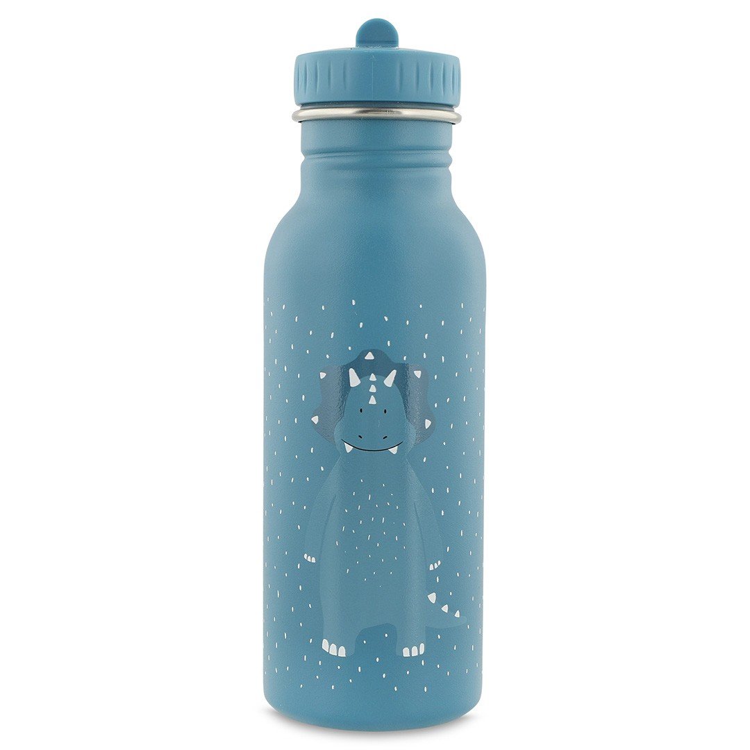 1. Blue stainless steel bottle with Mr. Triceratops design, featuring a dinosaur illustration and white speckles, on a white background