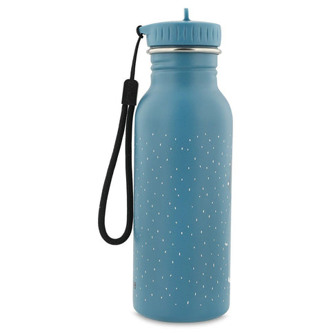 2. Blue stainless steel bottle with white speckles, black carrying loop attached to cap, shown from side on white background