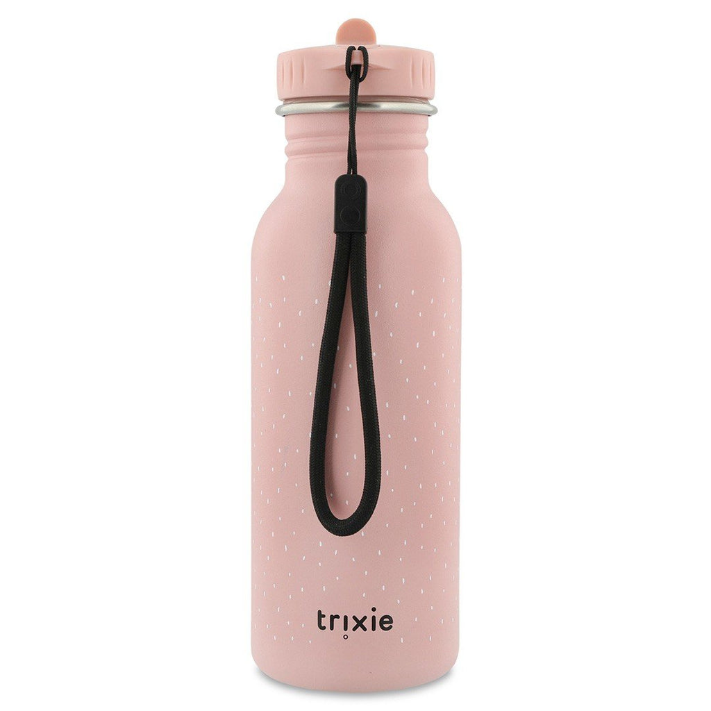 8. Pink stainless steel bottle with black loop and Trixie logo, showcasing back view