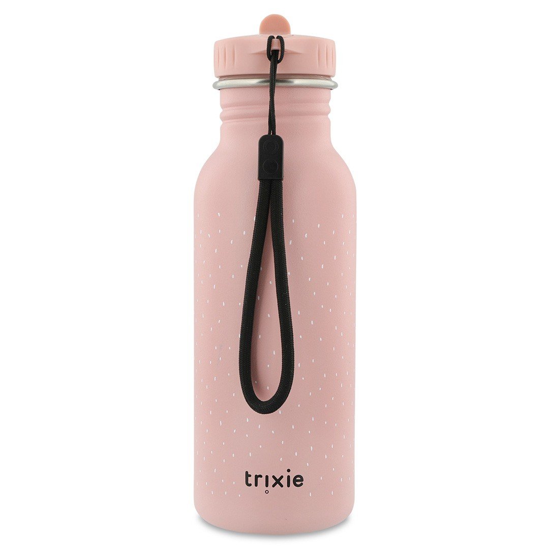 8. Pink stainless steel bottle with black loop and Trixie logo, showcasing back view