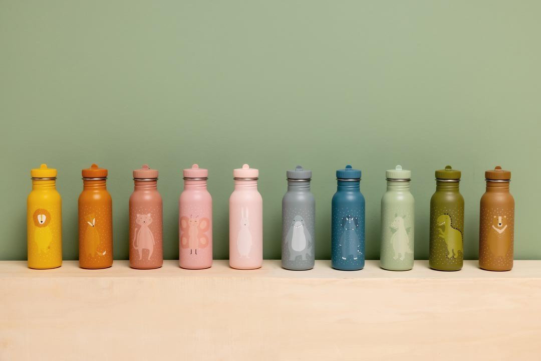 4. Assorted stainless steel bottles lined up, showcasing different colors and designs