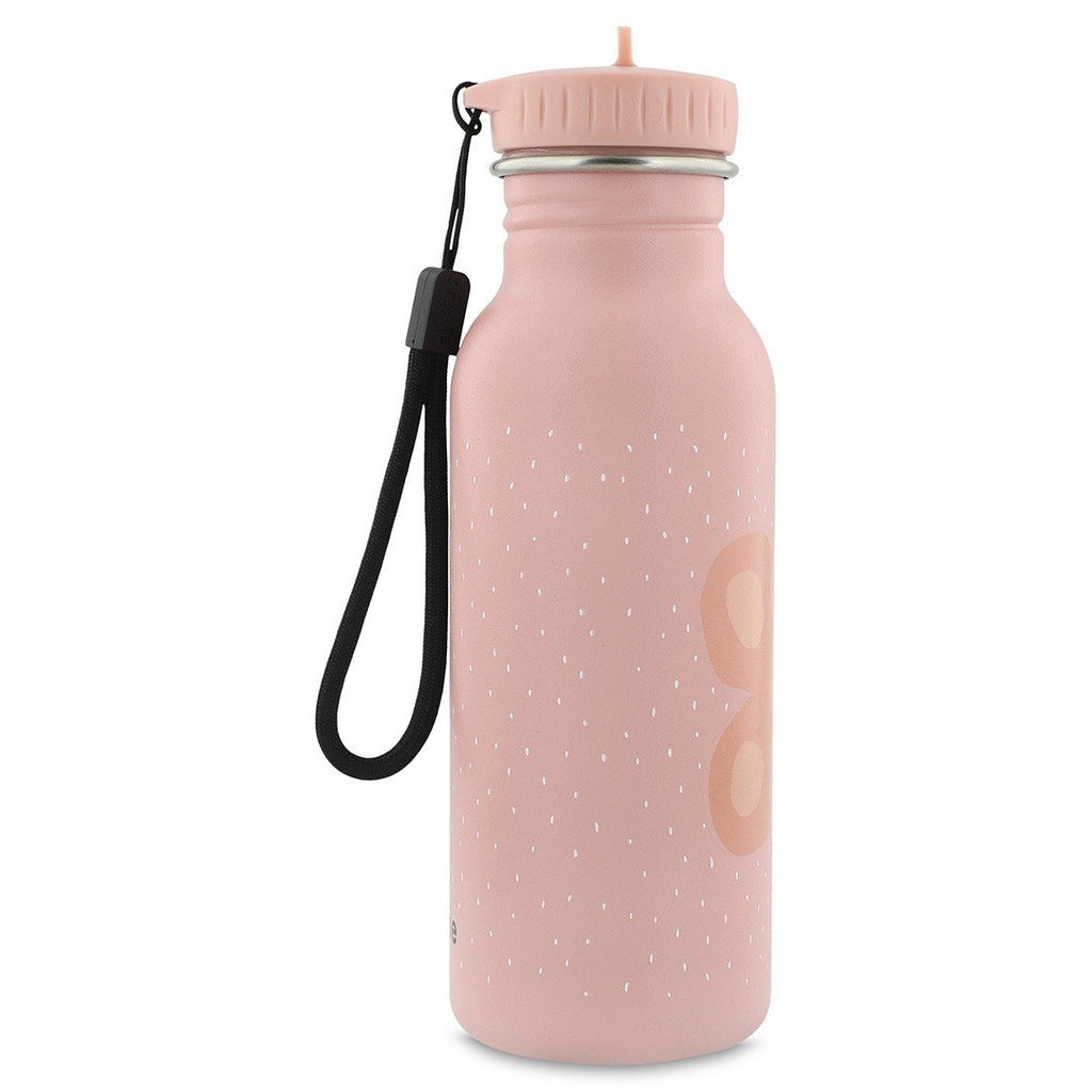9. Side view of pink stainless steel bottle with butterfly design and black carrying loop