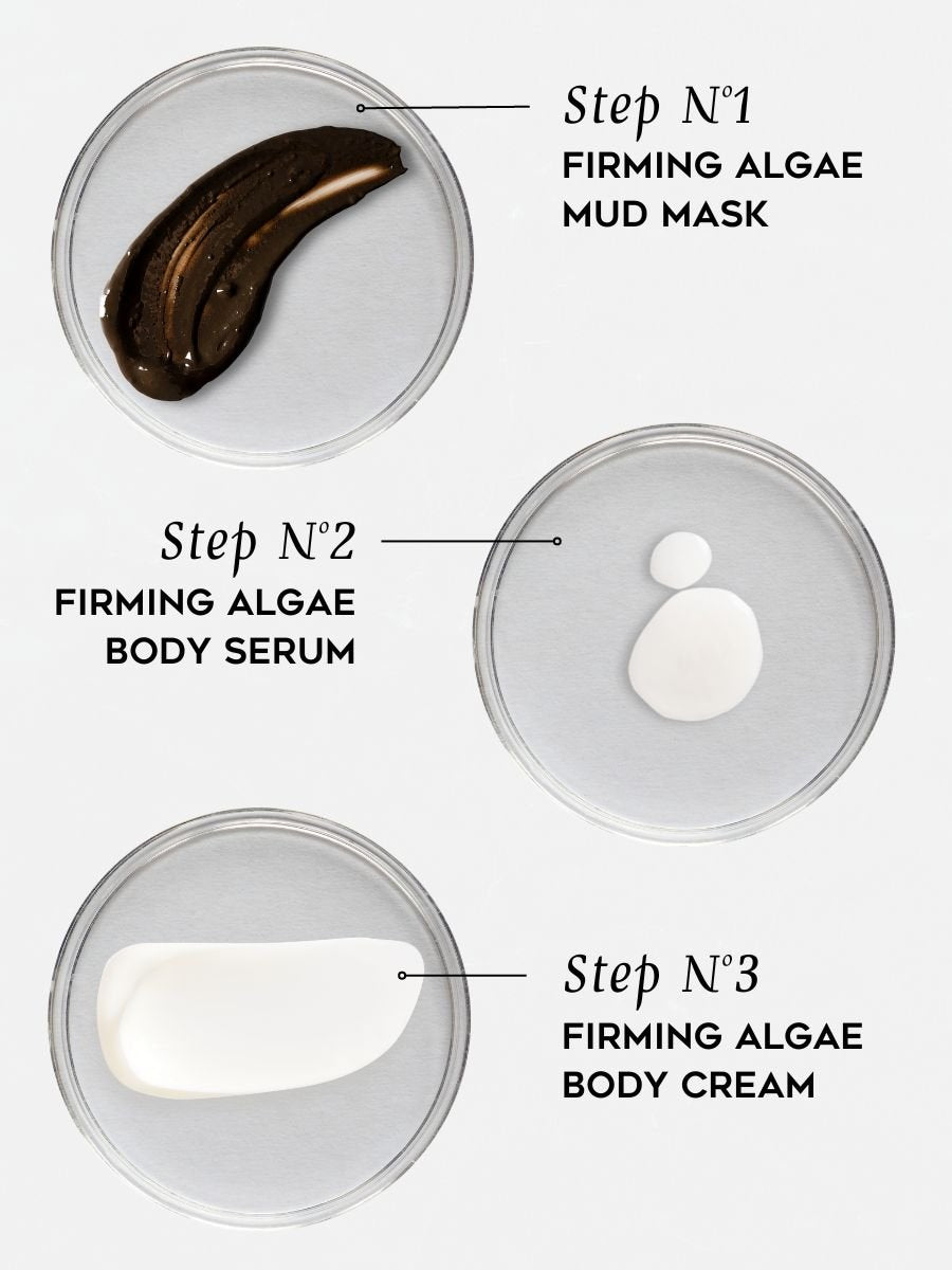 3. Close-up of Magrada Firming Set for Body application steps: algae mud mask, body serum, and body cream