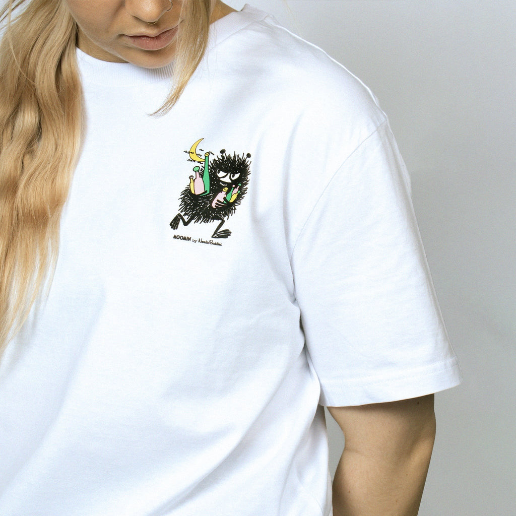 1. Women's Stinky Everyday T-Shirt by Moomin, featuring playful character design, worn by female model in studio