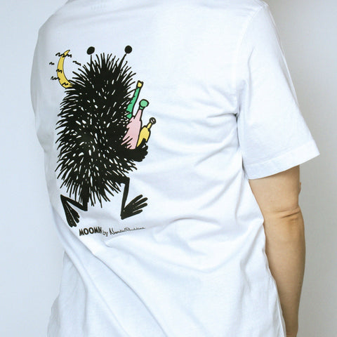 2. Back view of women's Stinky Everyday T-Shirt by Moomin, showcasing large character print, worn by female model