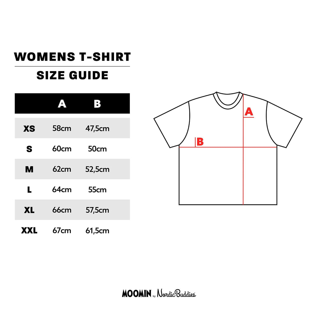 8. Size chart for women's Stinky Everyday T-Shirt by Moomin, showing measurements from XS to XXL