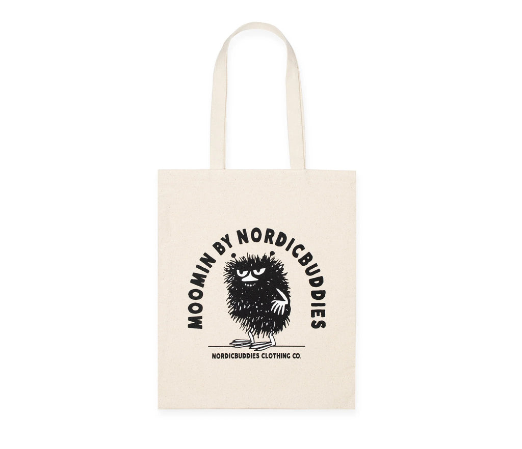 1. Beige Stinky Plotting Tote Bag by Moomin and NordicBuddies featuring Stinky character, made from 100% heavy cotton, shown in studio