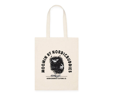 1. Beige Stinky Plotting Tote Bag by Moomin and NordicBuddies featuring Stinky character, made from 100% heavy cotton, shown in studio