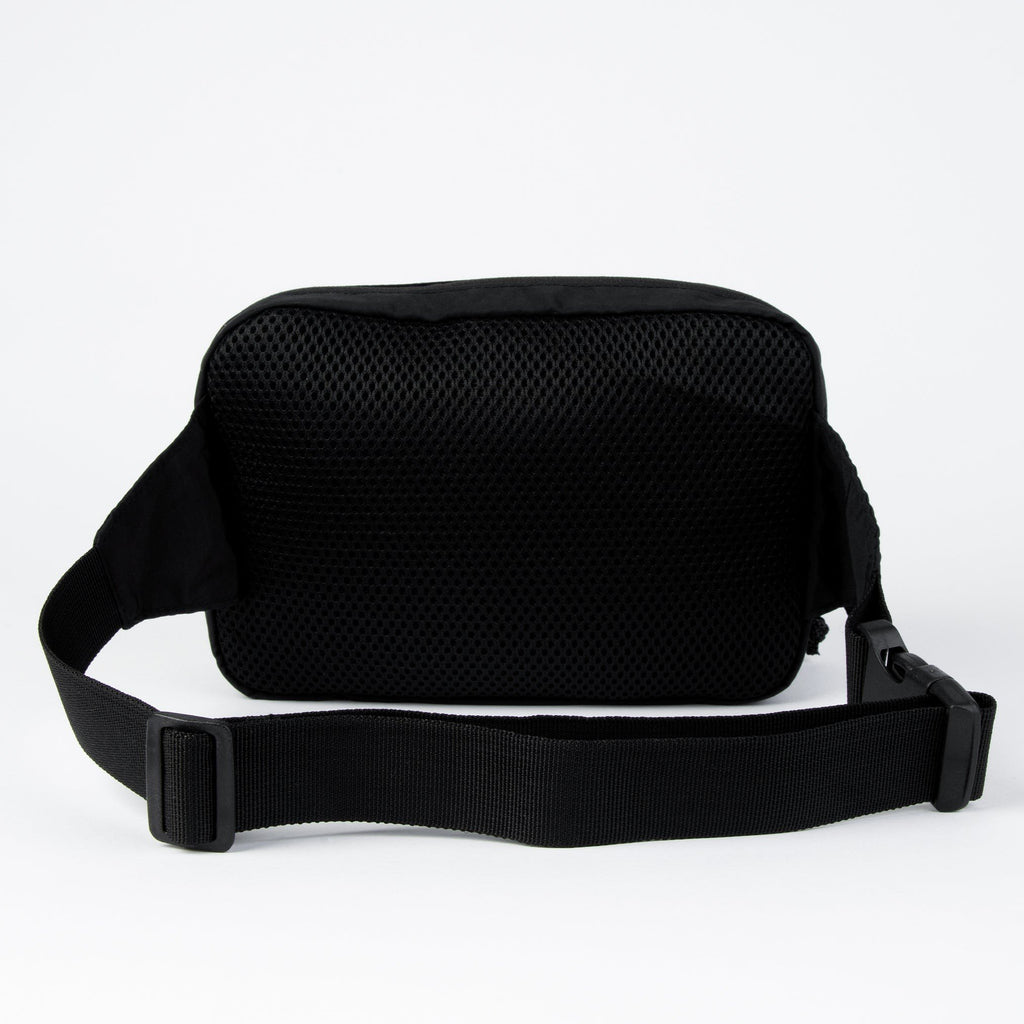3. Back view of black Stinky Retro Waist Bag by Moomin showing mesh padding and strap