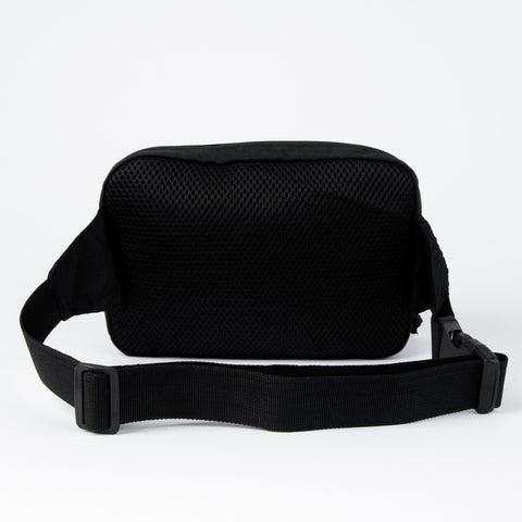 3. Back view of black Stinky Retro Waist Bag by Moomin showing mesh padding and strap