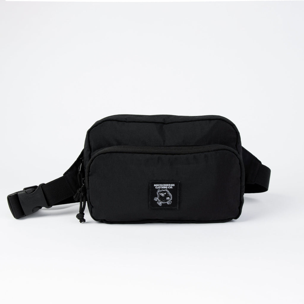 6. Studio shot of black Stinky Retro Waist Bag by Moomin with front logo detail