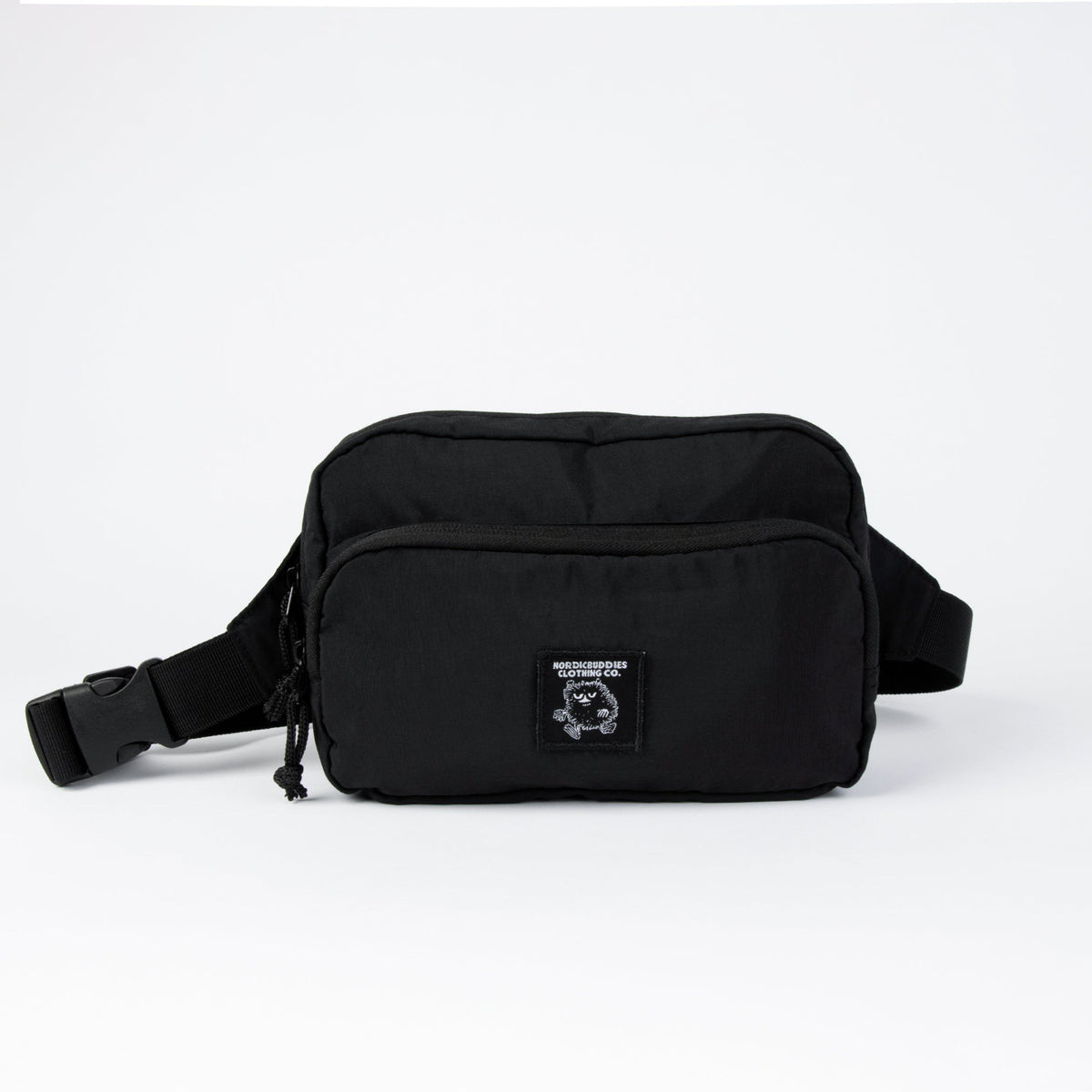 6. Studio shot of black Stinky Retro Waist Bag by Moomin with front logo detail