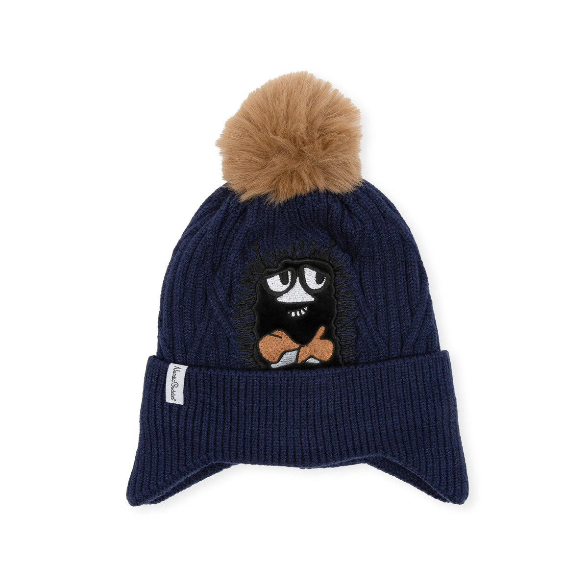2. Studio shot of navy blue Moomin Stinky beanie with brown pom-pom and NordicBuddies logo on white background
