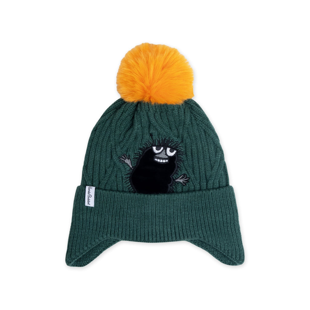 1. Kids' green beanie with orange pom-pom featuring Stinky character from Moomin by NordicBuddies, shown on white background