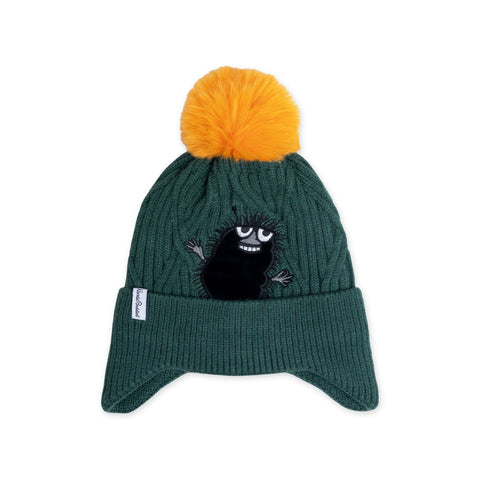 1. Kids' green beanie with orange pom-pom featuring Stinky character from Moomin by NordicBuddies, shown on white background