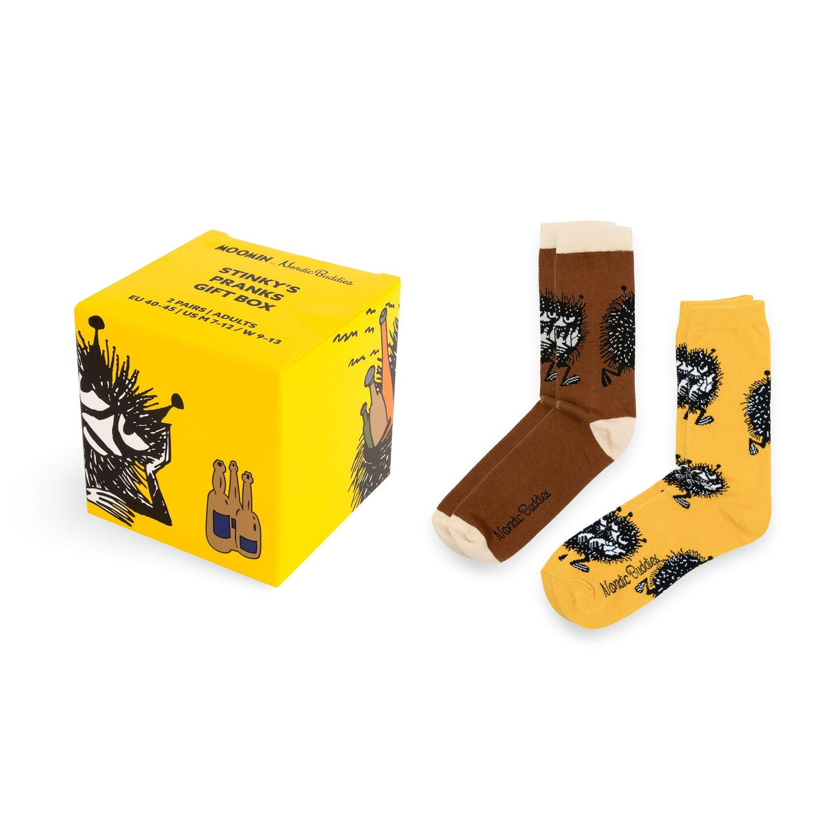 1. Yellow gift box with Moomin Stinky's Pranks design and two pairs of socks, one brown and one yellow, featuring playful Stinky character by NordicBuddies