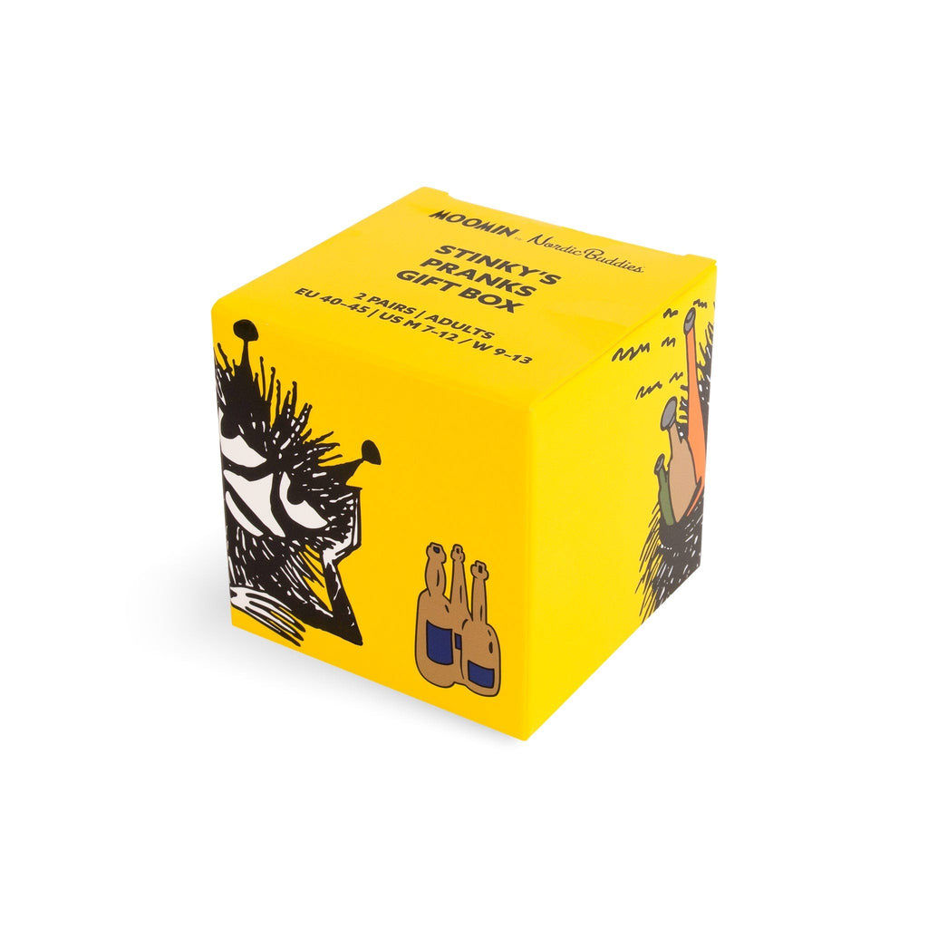2. Yellow Moomin Stinky's Pranks gift box with playful illustrations and text by NordicBuddies