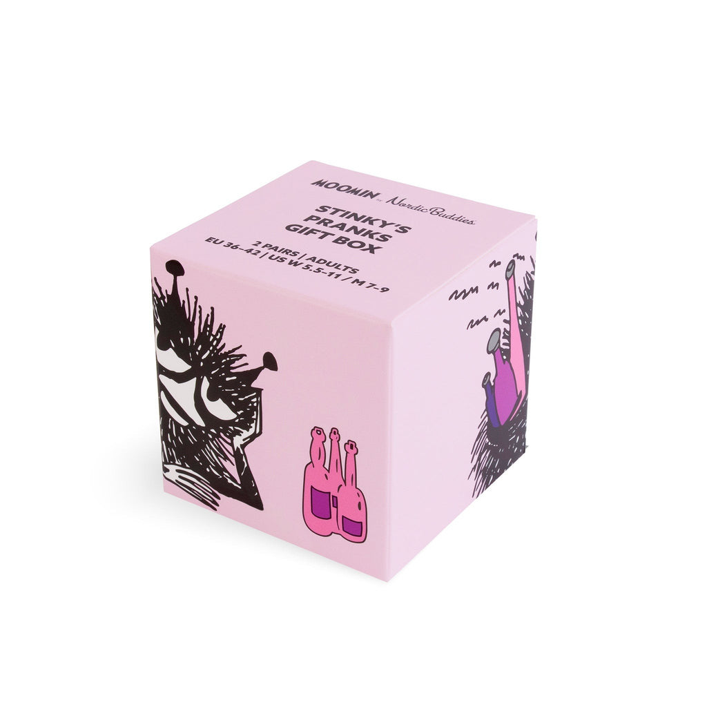 2. Pink Stinky's Pranks gift box with Moomin character illustrations and product details by NordicBuddies