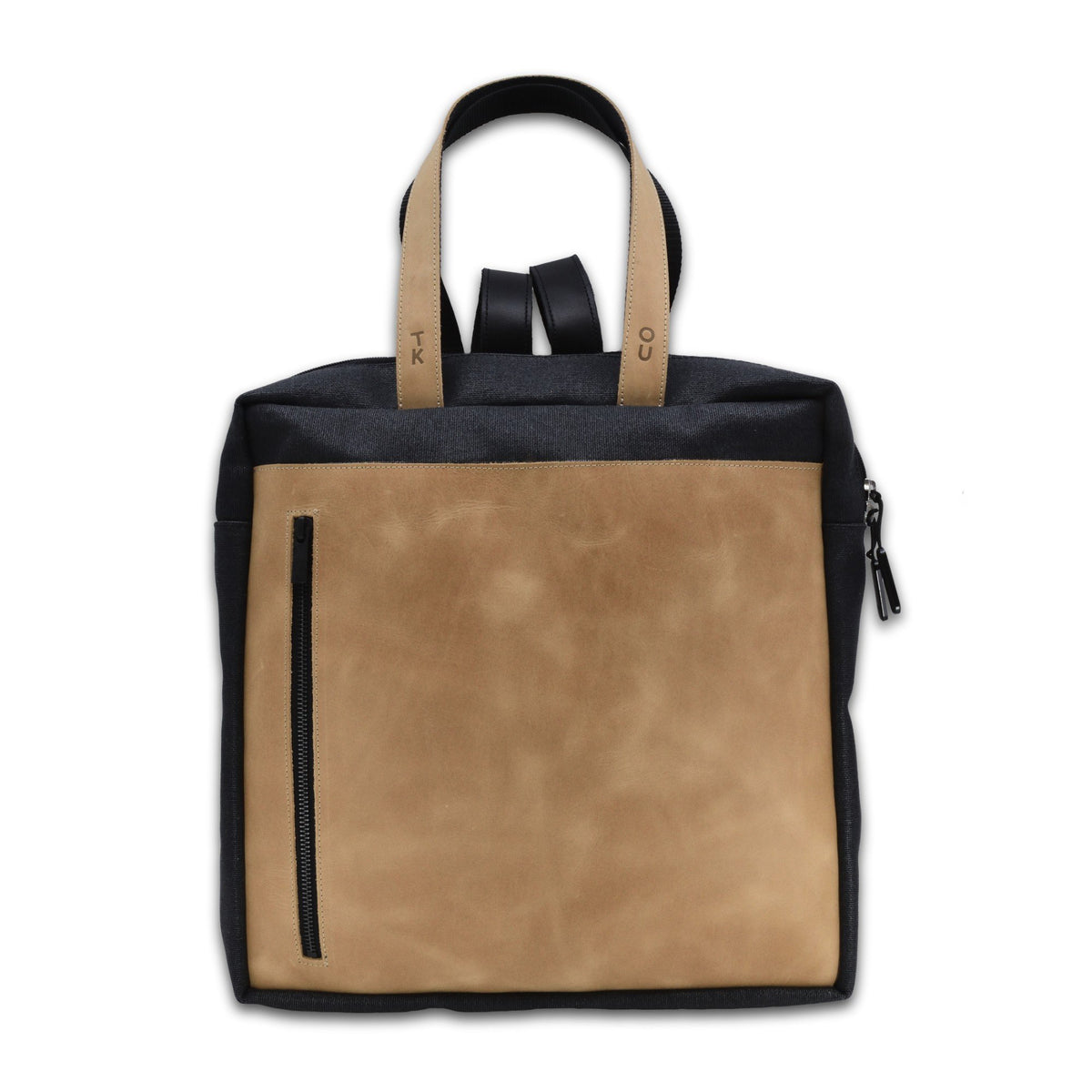 2. Studio image of Stockholm Backpack in beige with leather details and front pocket, highlighting water-repellent fabric