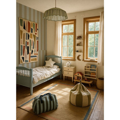 1. Children's room with blue and green striped wallpaper, wooden bed, and colorful decor, creating a cozy and playful atmosphere