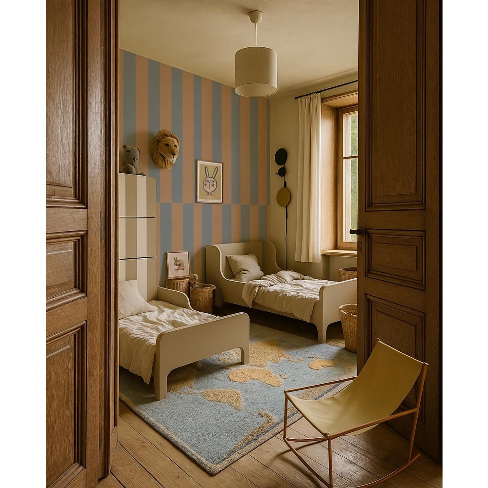 1. Children's room with blue and cappuccino striped wallpaper, two white beds, and light wood flooring, creating a warm and inviting atmosphere
