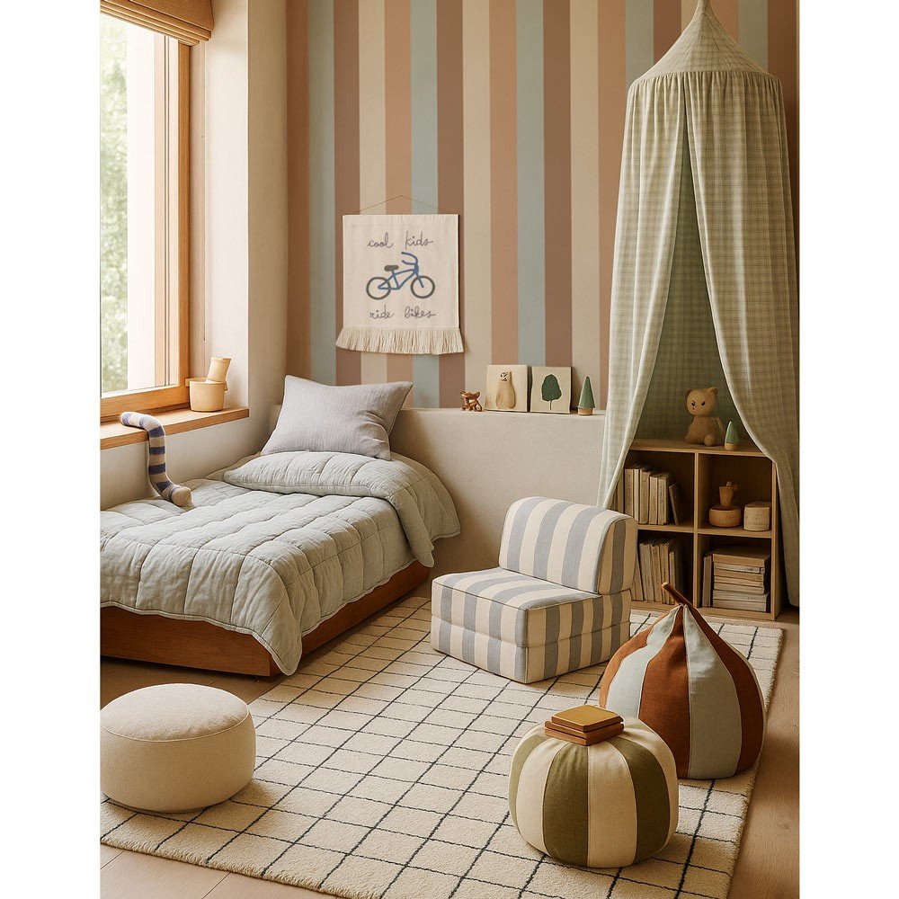 1. Boy's room with striped wallpaper in beige, cappuccino, pale blue, and warm mocha, featuring a bed, poufs, and a canopy in a cozy setting