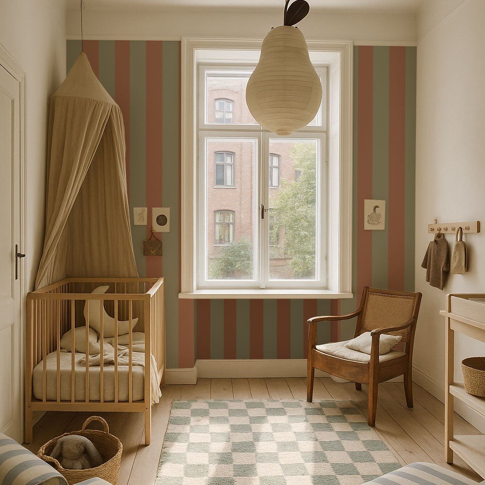 1. Nursery room with green and brown striped wallpaper by Dekornik, featuring a wooden crib, chair, and light wood flooring, creating a warm and inviting atmosphere