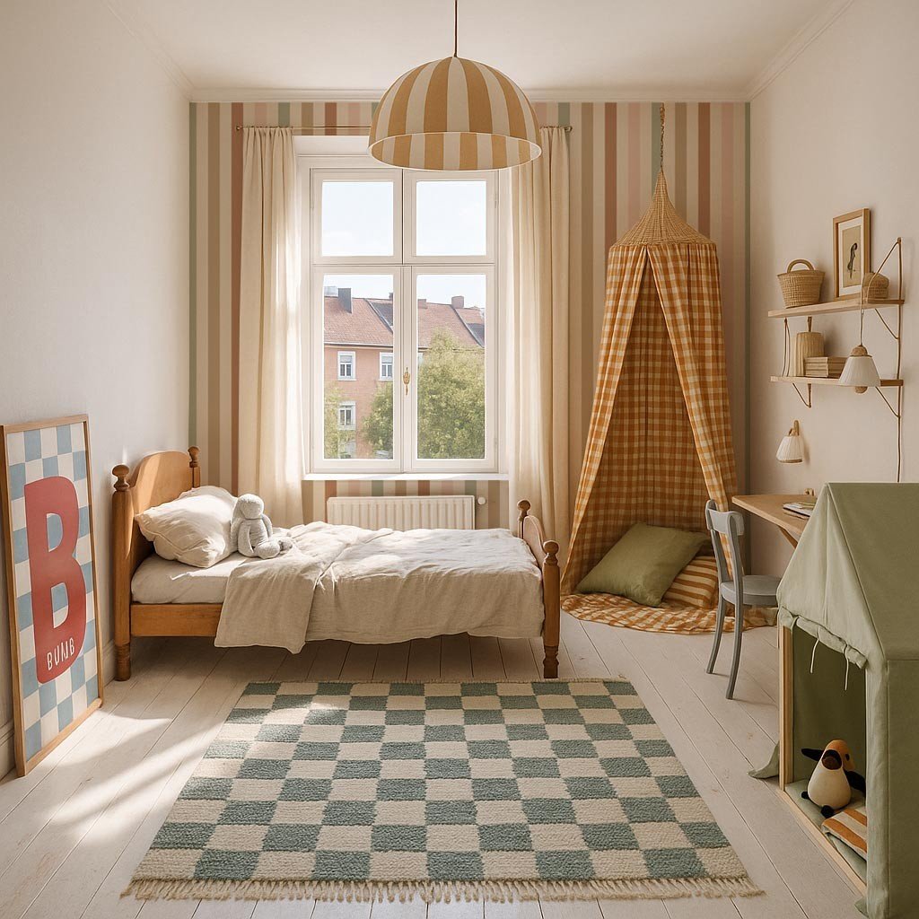 1. Children's room with Stripes Natural Wallpaper by Dekornik on walls, featuring a bed, canopy, and window with natural light
