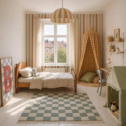 1. Children's room with Stripes Natural Wallpaper by Dekornik on walls, featuring a bed, canopy, and window with natural light
