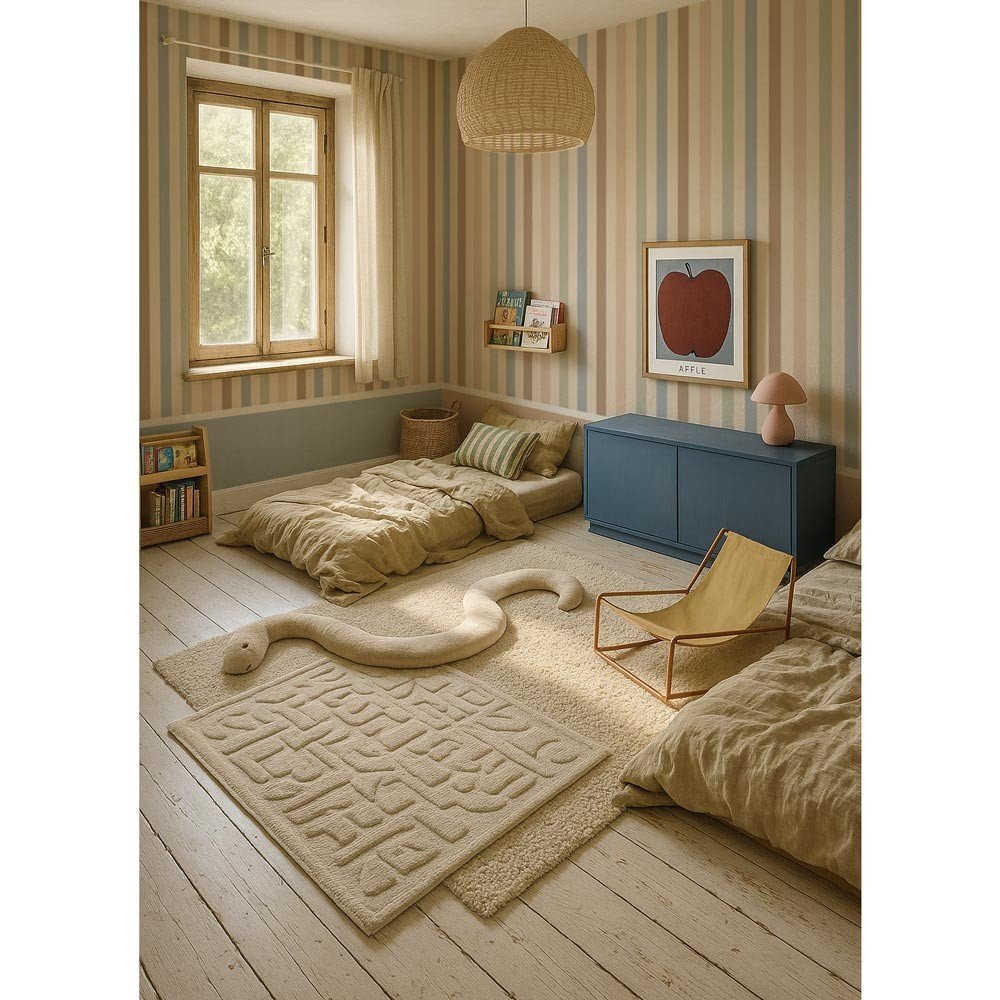 1. Cozy children's room with neutral striped wallpaper in beige tones, featuring a bed, blue cabinet, and decorative items, creating a warm and inviting atmosphere