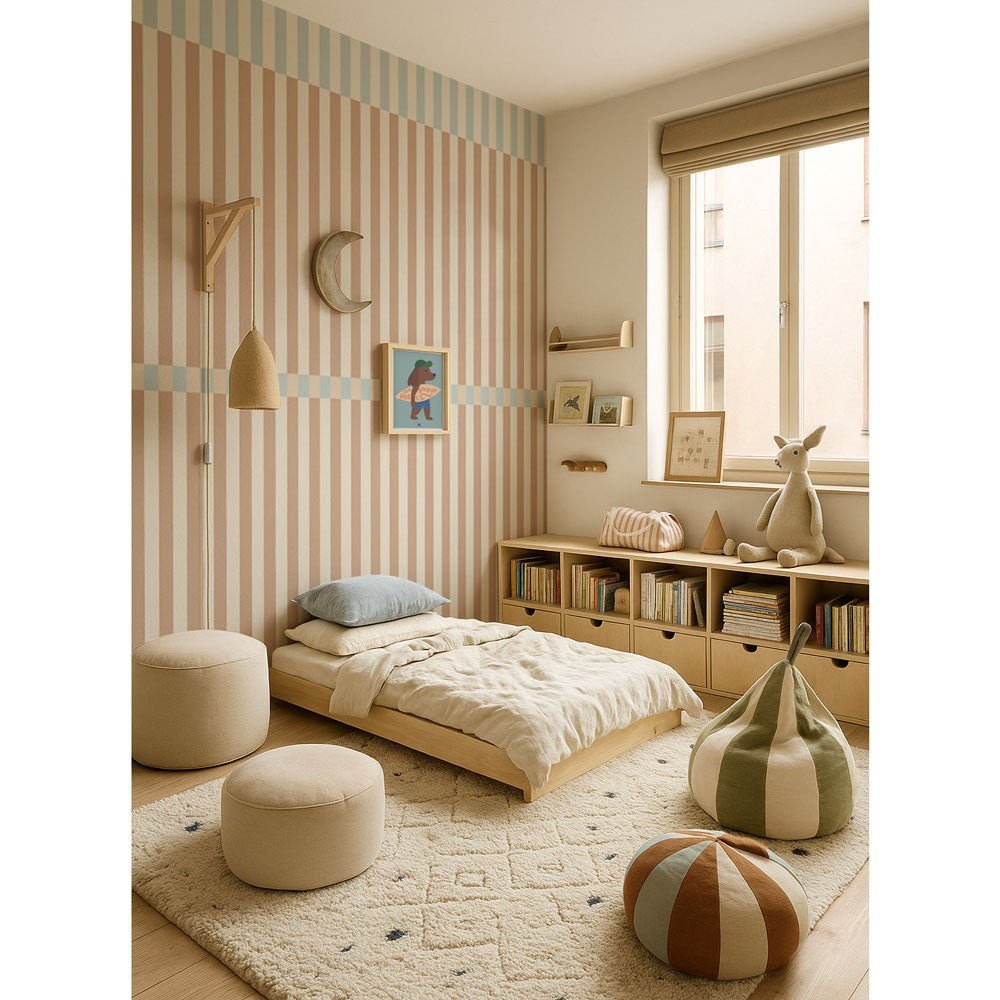 1. Children's room with brown and blue striped wallpaper, featuring a cozy bed, plush toys, and wooden shelves under a large window