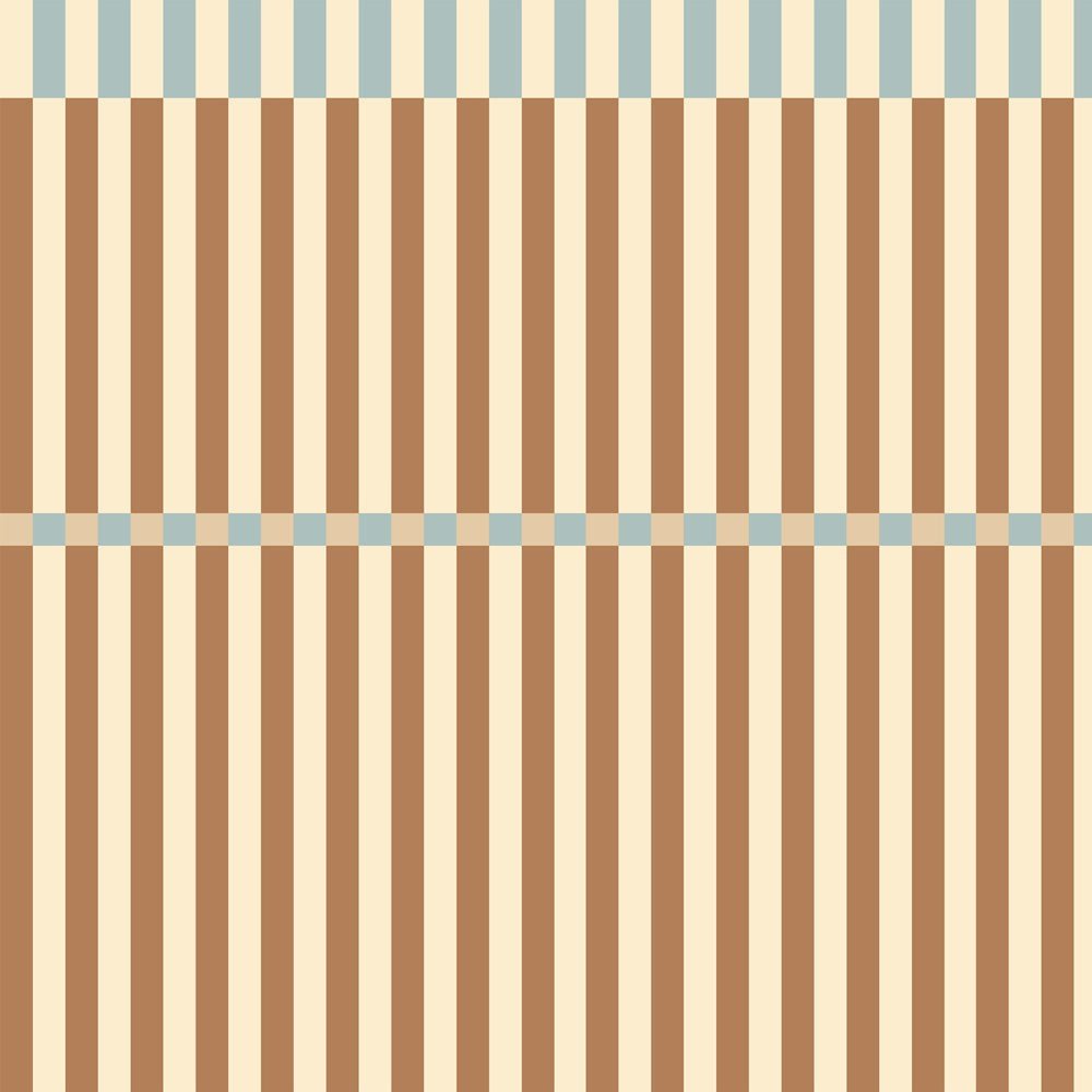 2. Studio shot of Dekornik's Nostalgia wallpaper with brown and blue stripes and wave pattern, highlighting design and color