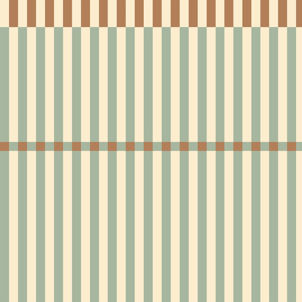 2. Studio shot of Stripes Nostalgia Green Wallpaper by Dekornik showing 8 cm wide green and beige stripes with a wave pattern at the top and center