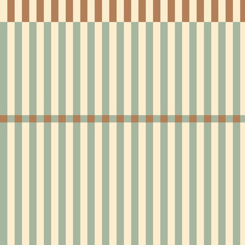 2. Studio shot of Stripes Nostalgia Green Wallpaper by Dekornik showing 8 cm wide green and beige stripes with a wave pattern at the top and center
