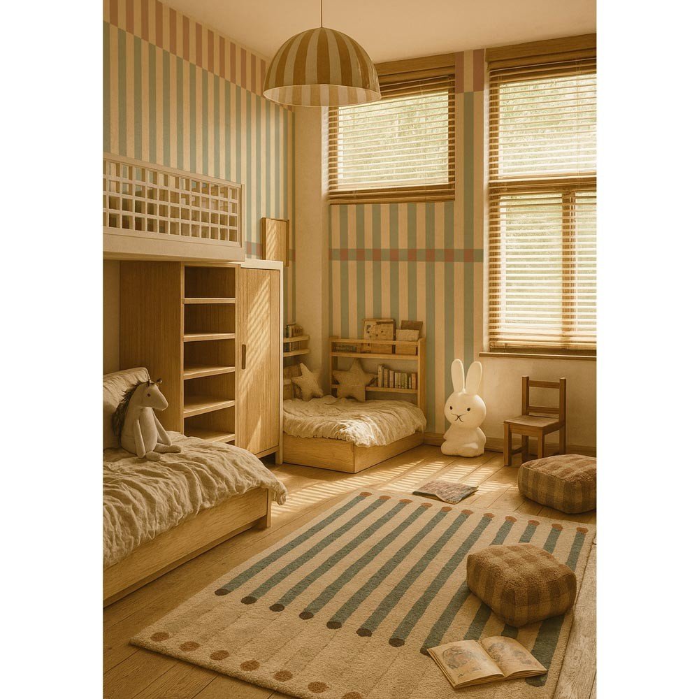 1. Children's room with Stripes Nostalgia Green Wallpaper by Dekornik featuring 8 cm wide stripes in a vintage style, with wooden furniture and toys creating a cozy atmosphere