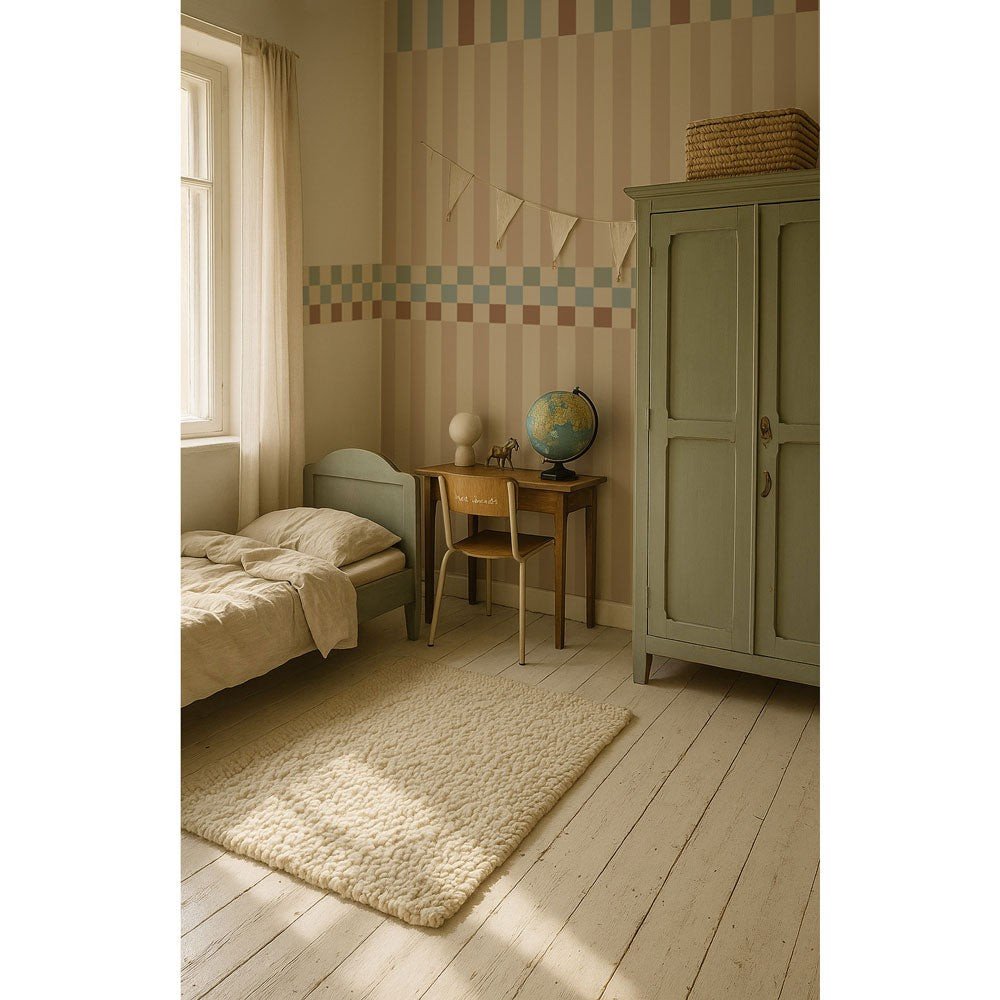 3. Children's room with vintage striped wallpaper in beige, blue, and brown, featuring a bed, desk, and wardrobe, evoking a nostalgic feel