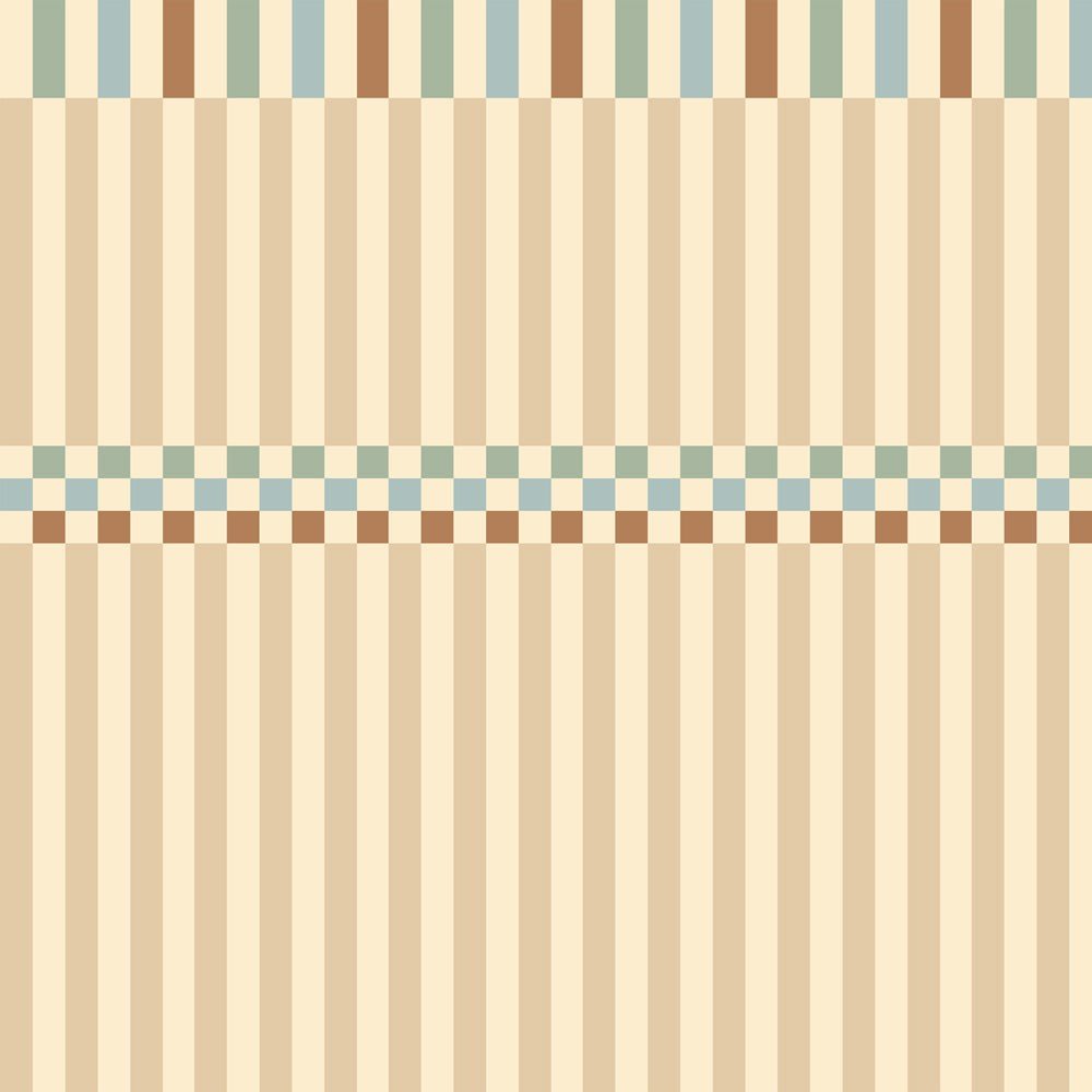 2. Studio shot of vintage striped wallpaper with beige, blue, and brown stripes and wave pattern, showcasing design details