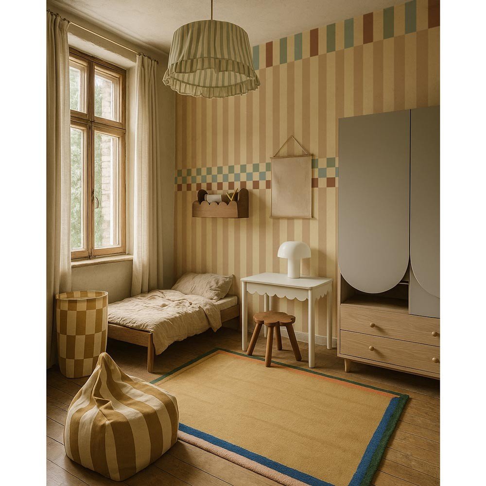 1. Children's room with vintage striped wallpaper in beige, blue, and brown, featuring a bed, table, and wardrobe, creating a nostalgic atmosphere